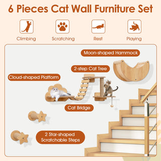 6-Piece Wall-Mounted Cat Furniture Set with Hammock, Bridge and Scratcher – Natural