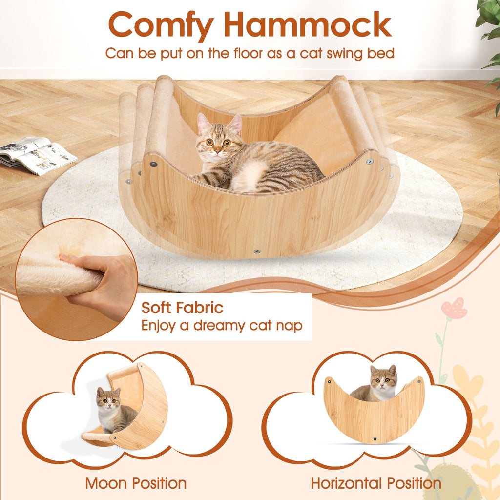 6-Piece Wall-Mounted Cat Furniture Set with Hammock, Bridge and Scratcher – Natural