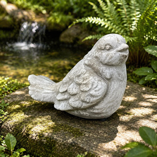 Cast Cement Sitting Bird Statue with Washed Patina