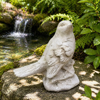 Cast Cement Sitting Bird Statue with Washed Patina