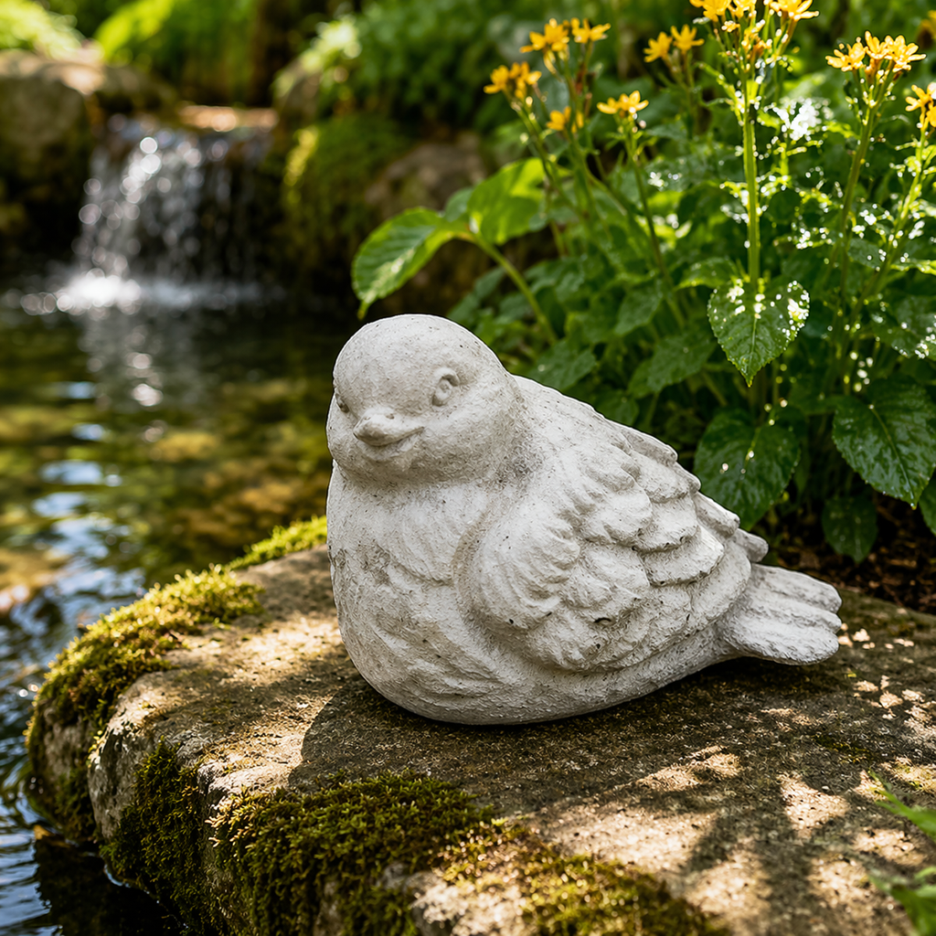 Cast Cement Sitting Bird Statue with Washed Patina
