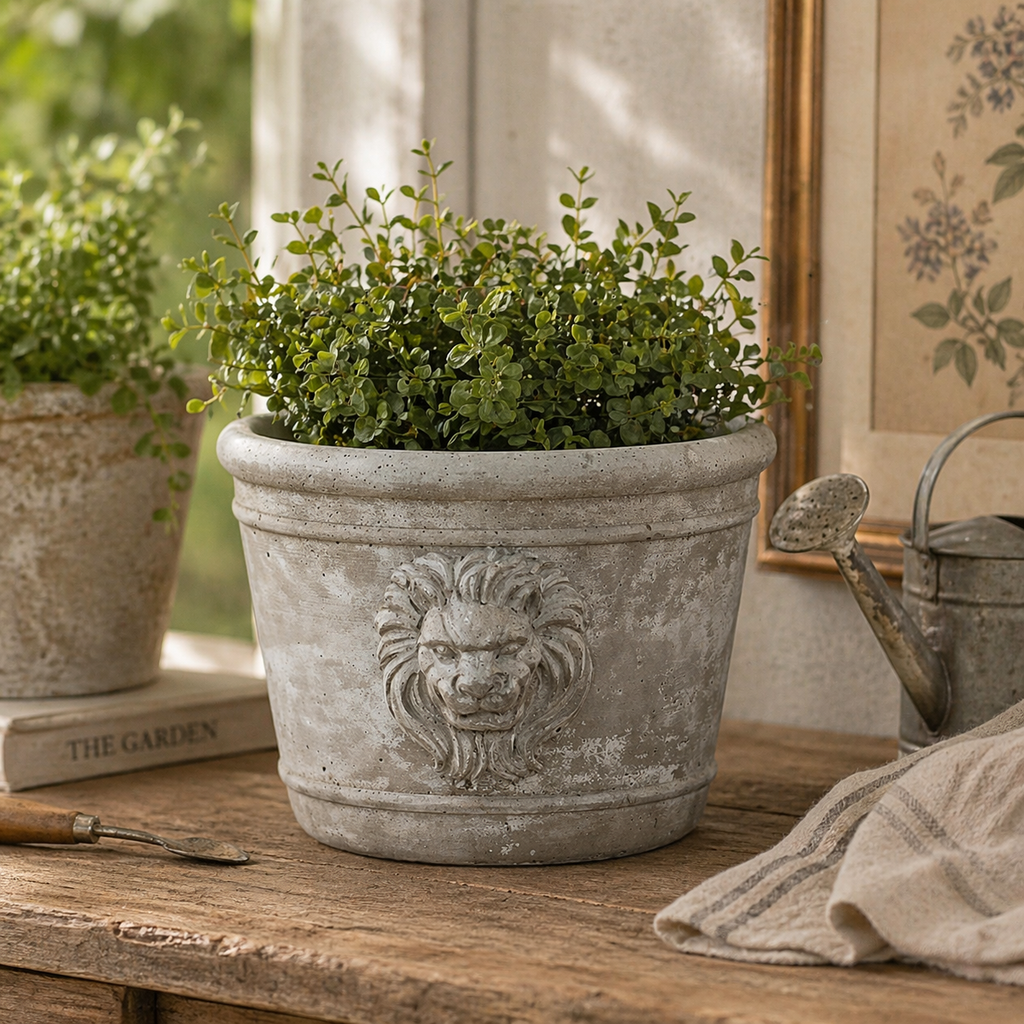 Cast Cement Lion Head Planter with Double-Sided Design