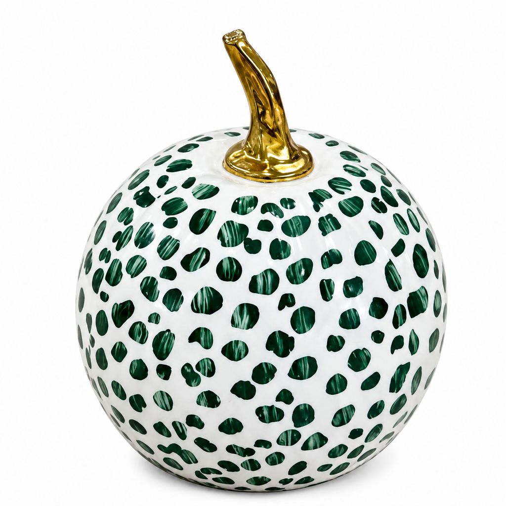 Green Dotted Hand-Painted Metal Pumpkin – 4-Inch