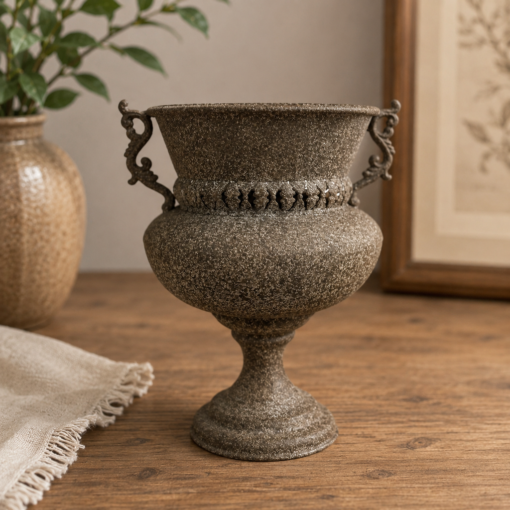 Vintage Iron Urn Planter with Pedestal & Curved Handles