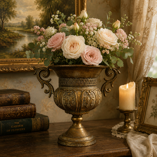 Vintage Gold Decorative Urn Planter with Scroll Handles