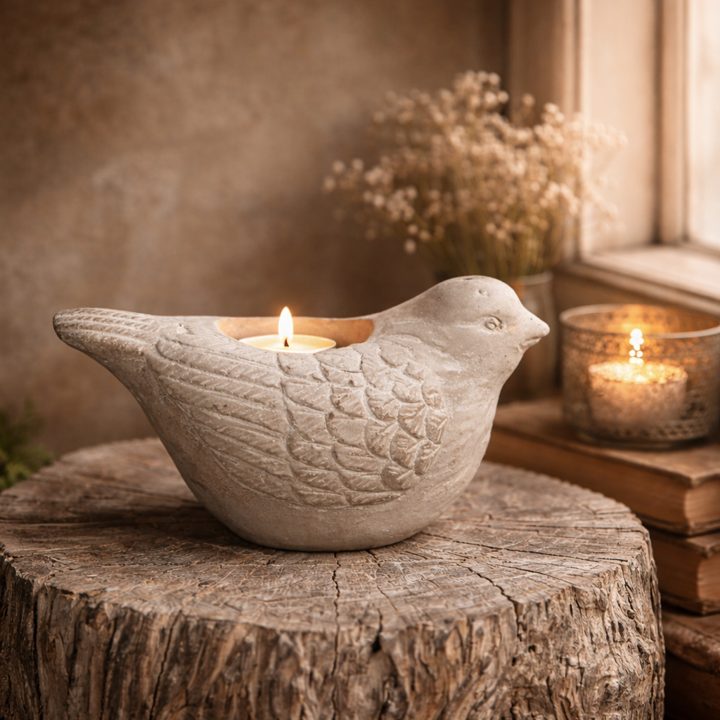 Distressed Stone-Finish Bird Candle Holder