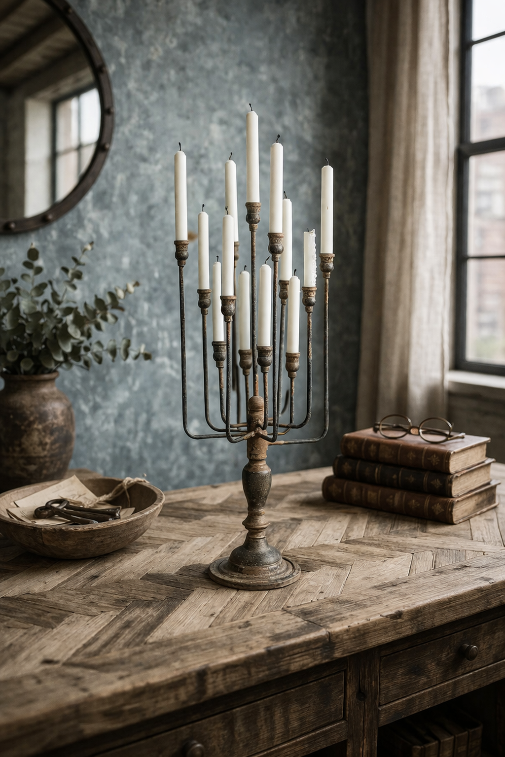 Antique-Style Aged Iron Multi-Arm Candelabra