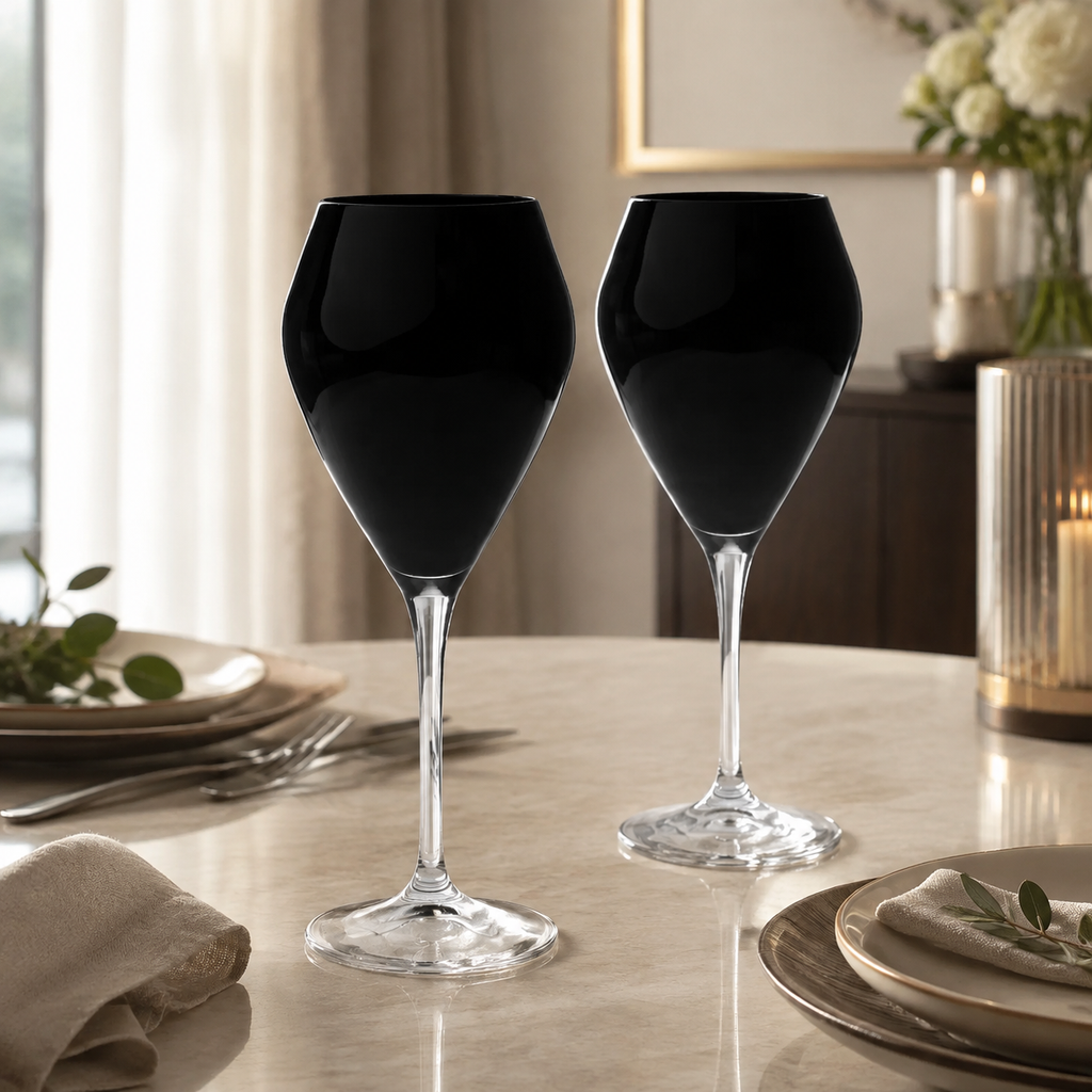 Set of 6 Black V-Shaped Wine Glasses with Clear Stem