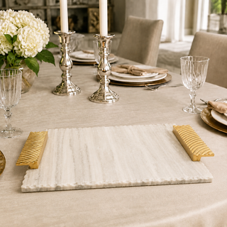 Elegant Grey Marble Challah Tray with Embossed Gold Handles