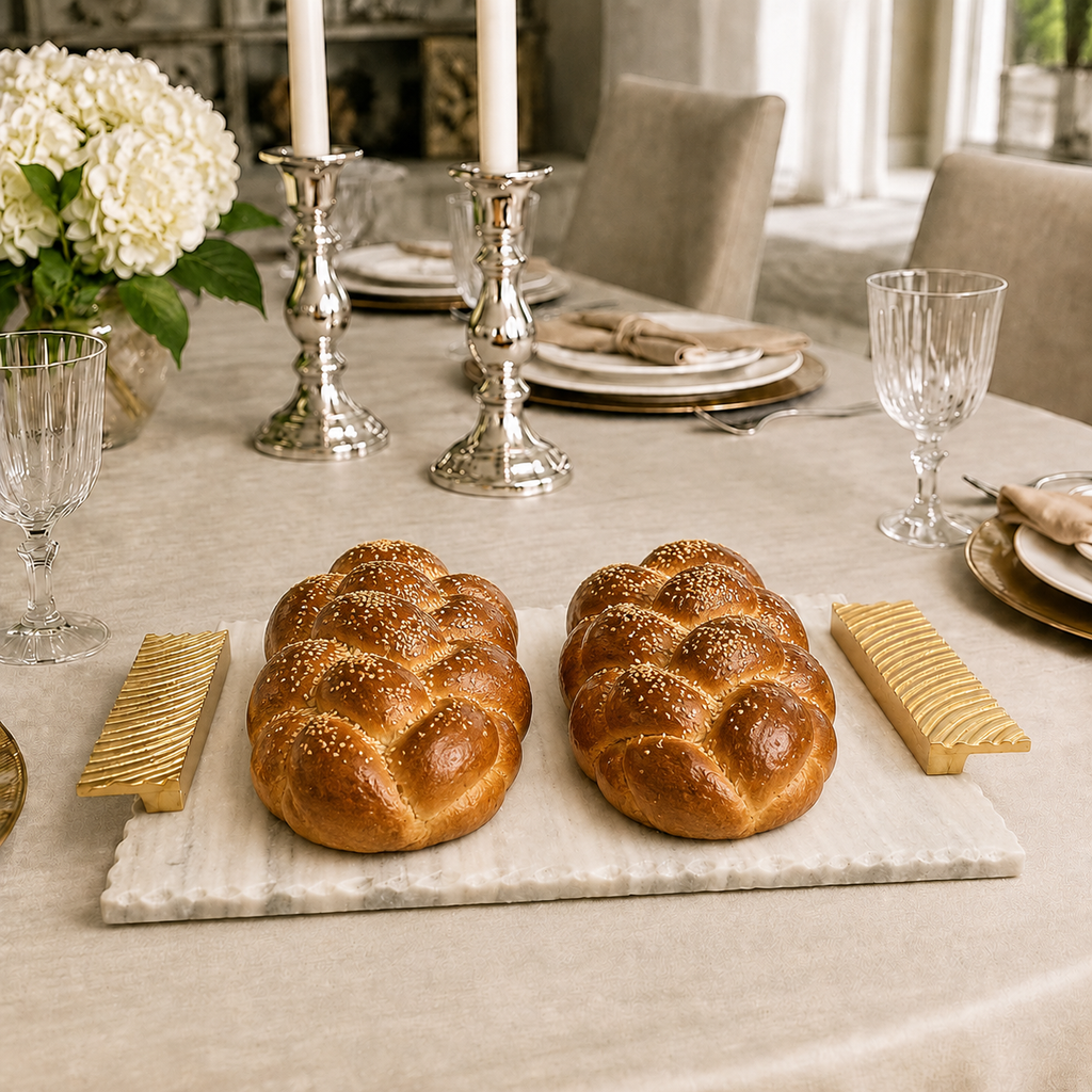 Elegant Grey Marble Challah Tray with Embossed Gold Handles