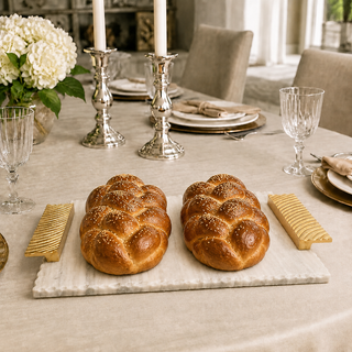 Elegant Grey Marble Challah Tray with Embossed Gold Handles