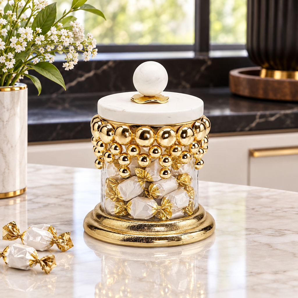 Small Hammered Glass Canisters with Gold Design and Marble Lid