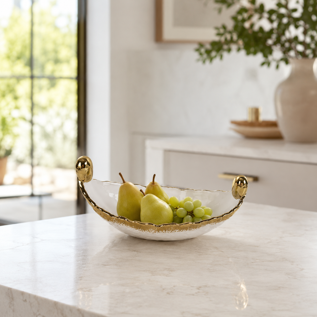 White Porcelain Boat Dish with Gold Edge, 13.5
