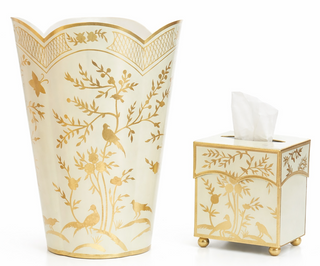 Pale Green & Gold Chinoiserie Wastepaper Basket & Tissue | Elegant Bath Décor