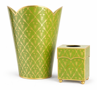 Moss Green & Gold Tulip Wastepaper Basket & Tissue | Elegant Bath Décor
