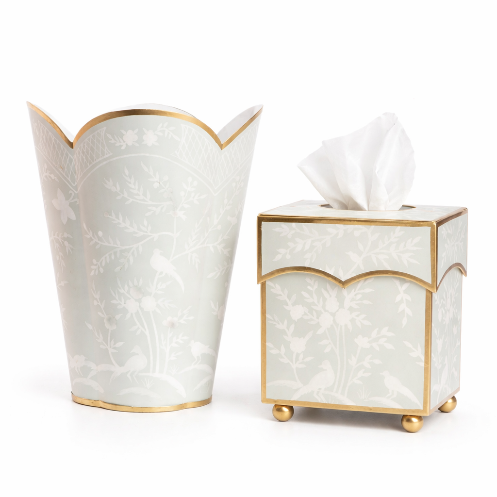Mint Green & White Chinoiserie Wastepaper Basket & Tissue | Elegant Bath Décor