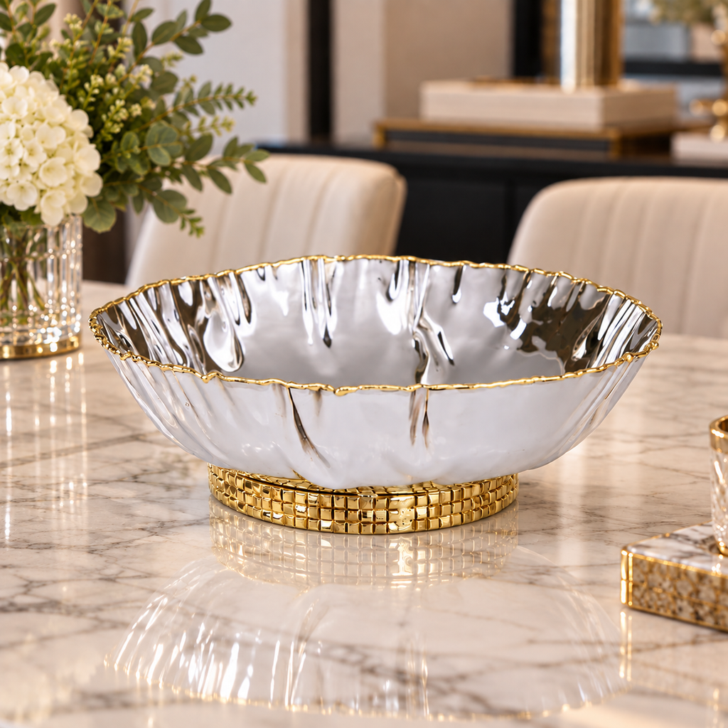 Stainless Steel Crumpled Bowl With Mosaic Base