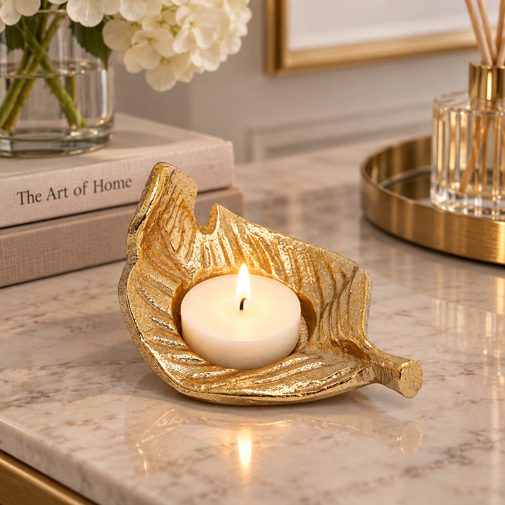 Sculptural Gold Leaf Tea Light Candle Holder