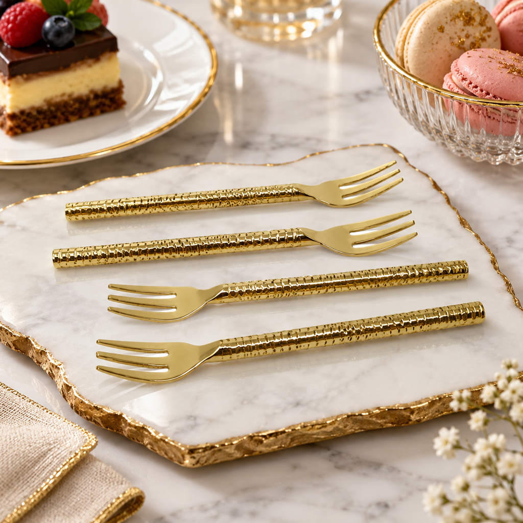 Set of 4 Gold Hammered Dessert Spoons/Forks