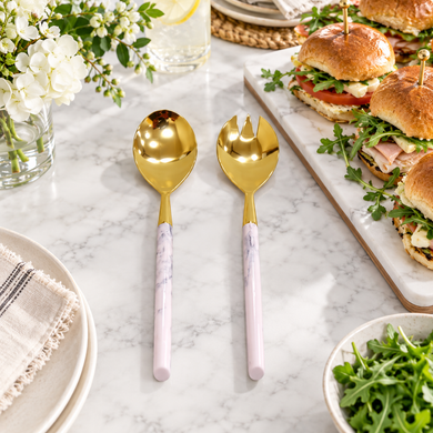 Gold Salad Serving Utensils with Elegant Marble Handles