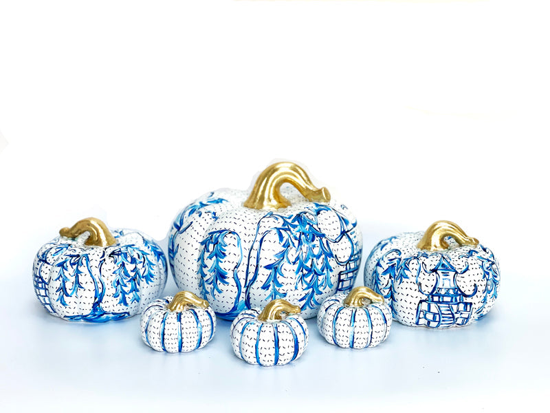 Hand-Painted Chinoiserie Ceramic Pumpkins – Three Sizes or Set