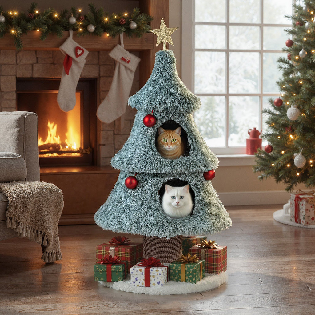 48.5-Inch Christmas Cat Tree with 2 Large Condos and Scratching Post – Green