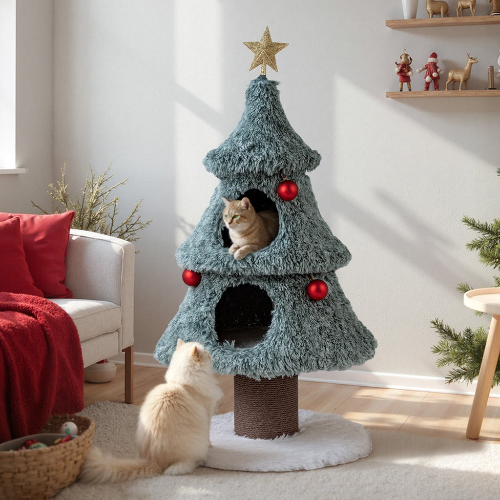 48.5-Inch Christmas Cat Tree with 2 Large Condos and Scratching Post – Green
