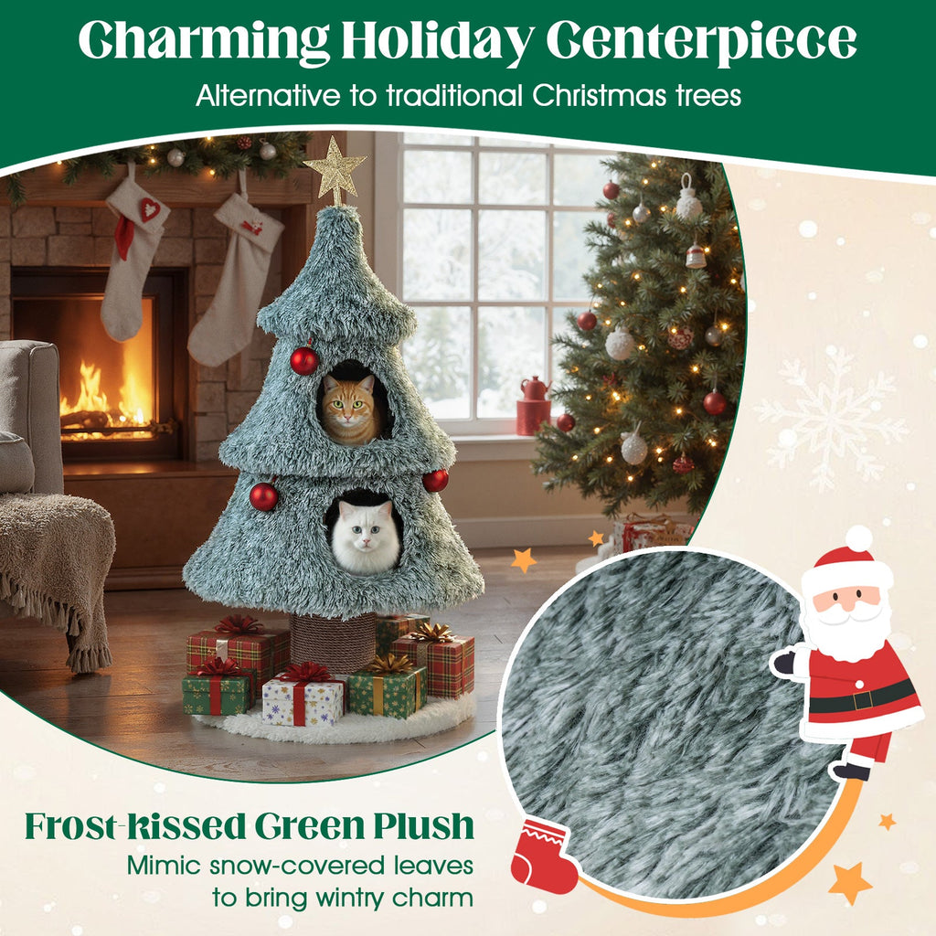 48.5-Inch Christmas Cat Tree with 2 Large Condos and Scratching Post – Green