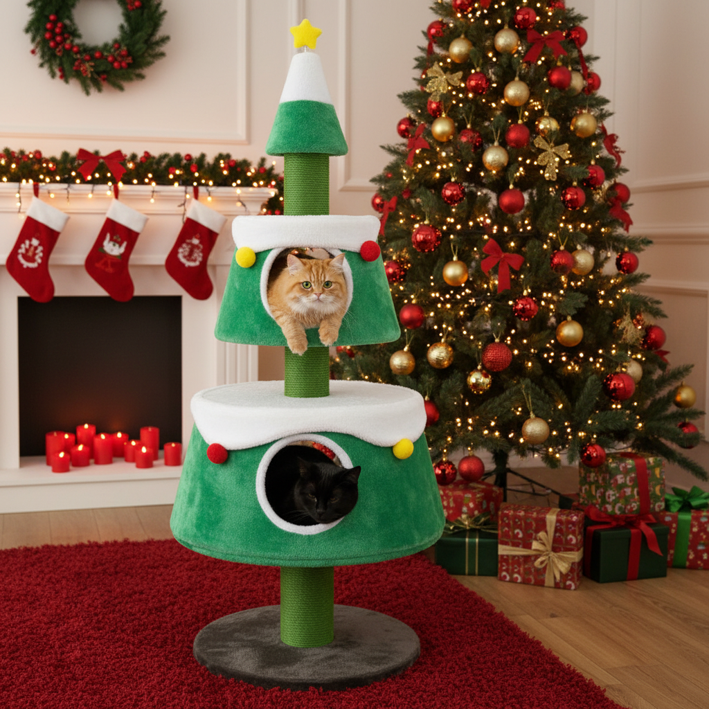 Christmas Tree-Shaped Cat Tower with 2 Condos and Scratching Posts – Green