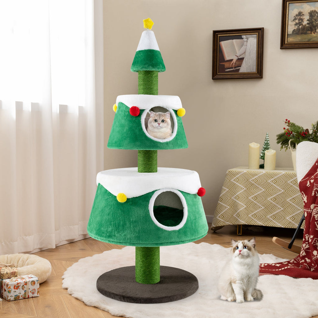 Christmas Tree-Shaped Cat Tower with 2 Condos and Scratching Posts – Green