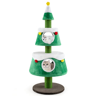 Christmas Tree-Shaped Cat Tower with 2 Condos and Scratching Posts – Green