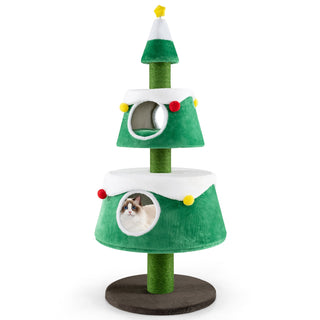 Christmas Tree-Shaped Cat Tower with 2 Condos and Scratching Posts – Green