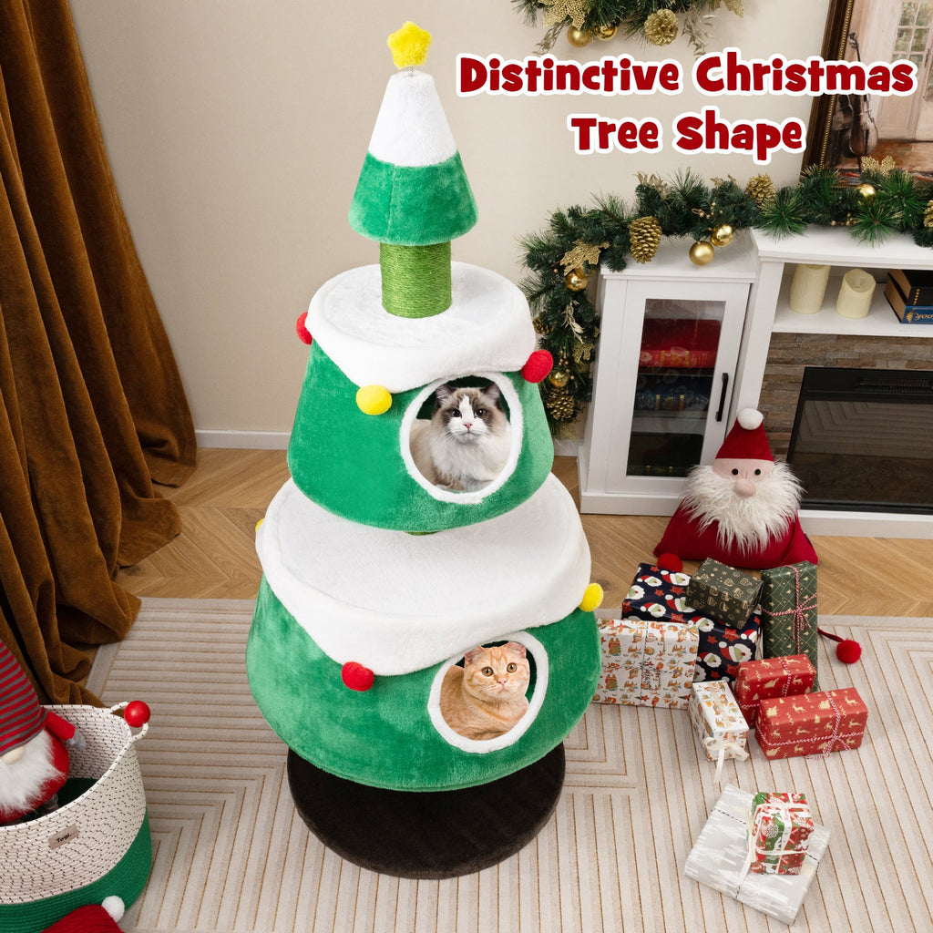 Christmas Tree-Shaped Cat Tower with 2 Condos and Scratching Posts – Green