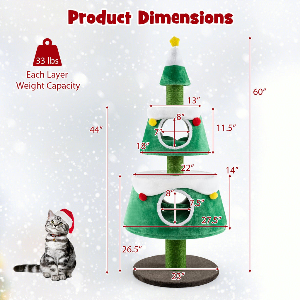Christmas Tree-Shaped Cat Tower with 2 Condos and Scratching Posts – Green