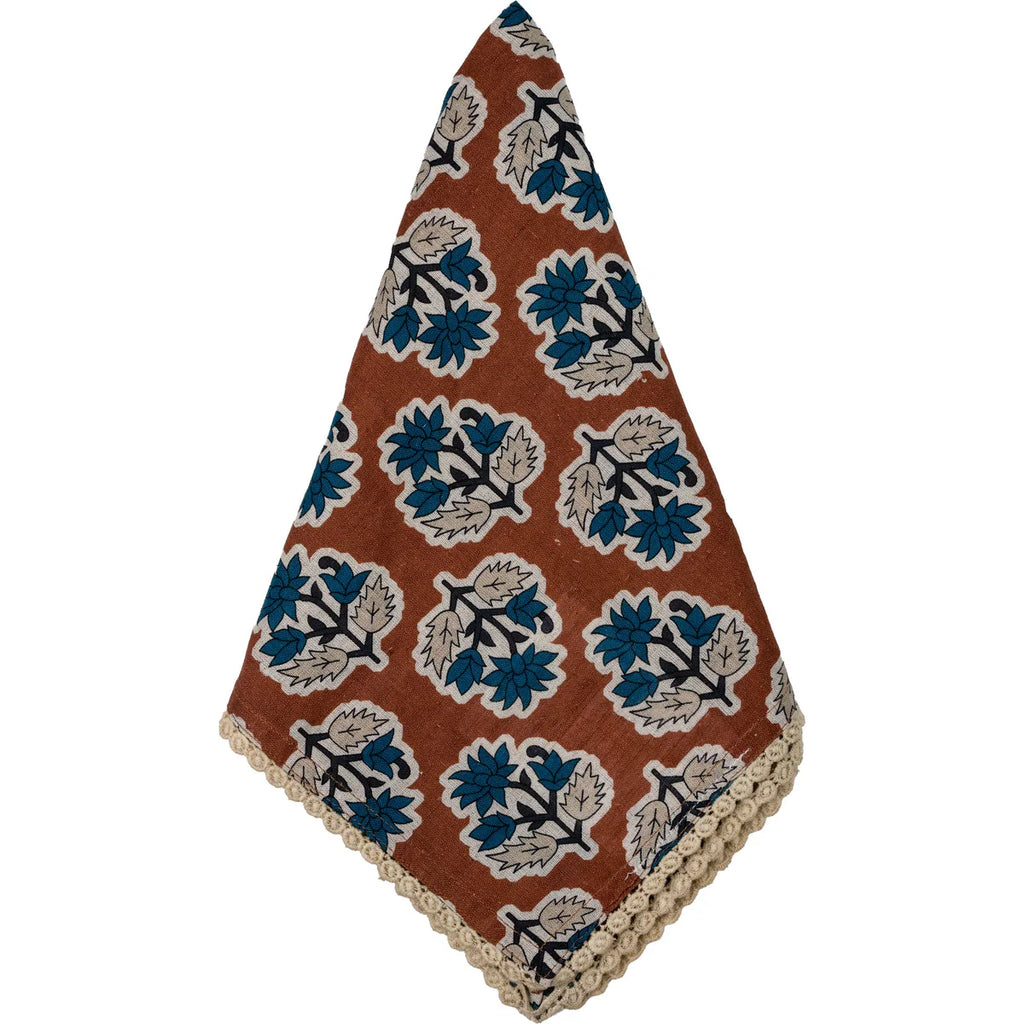 Cinnamon Brown with Blue Flowers Napkin / Gray with Yellow and Blue Flowers Napkins, Set of 8 / Sage Green Blue Flower Napkins, Set of 8 with Floral Lace Edge
