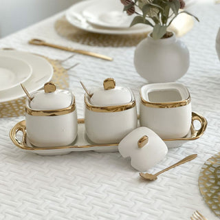 Porcelain Coffee, Tea and Sugar Canister Set with Gold Trim