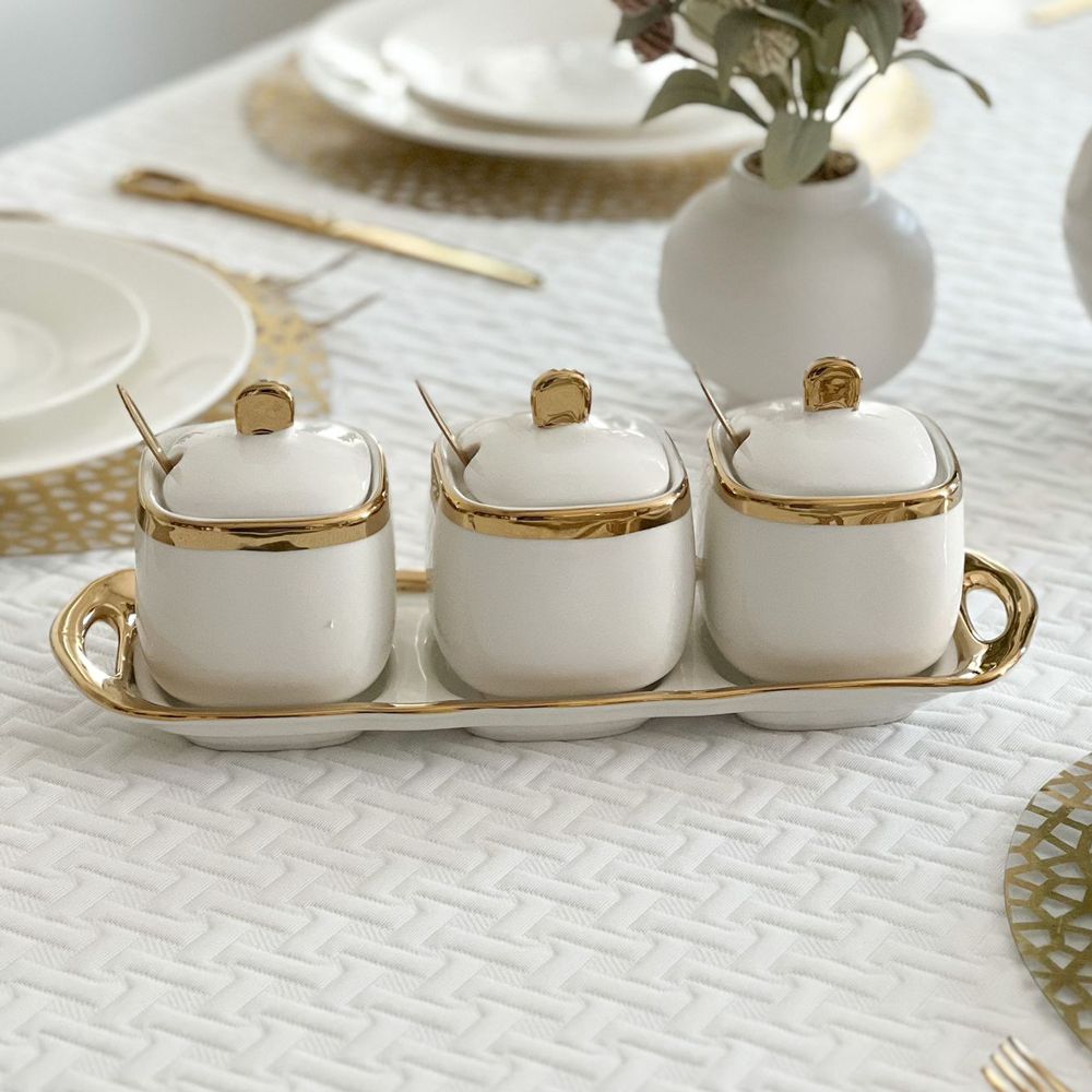 Porcelain Coffee, Tea and Sugar Canister Set with Gold Trim