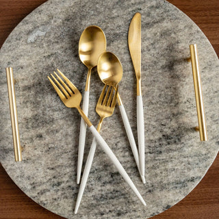 Cambridge Mazzy Gold Satin White Pom Handle 20-Piece Flatware Set, 18/0 stainless steel