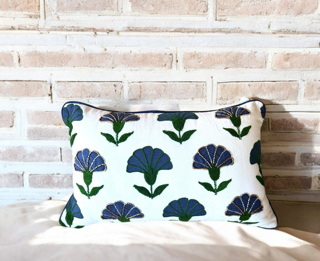 Embroidered Floral Blue Boho Accent Throw Pillow – Modern Home Decor