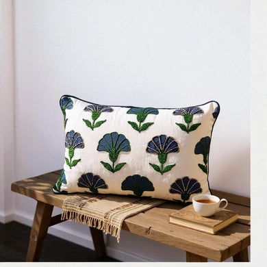 Embroidered Floral Blue Boho Accent Throw Pillow – Modern Home Decor