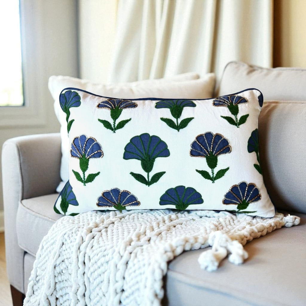 Embroidered Floral Blue Boho Accent Throw Pillow – Modern Home Decor