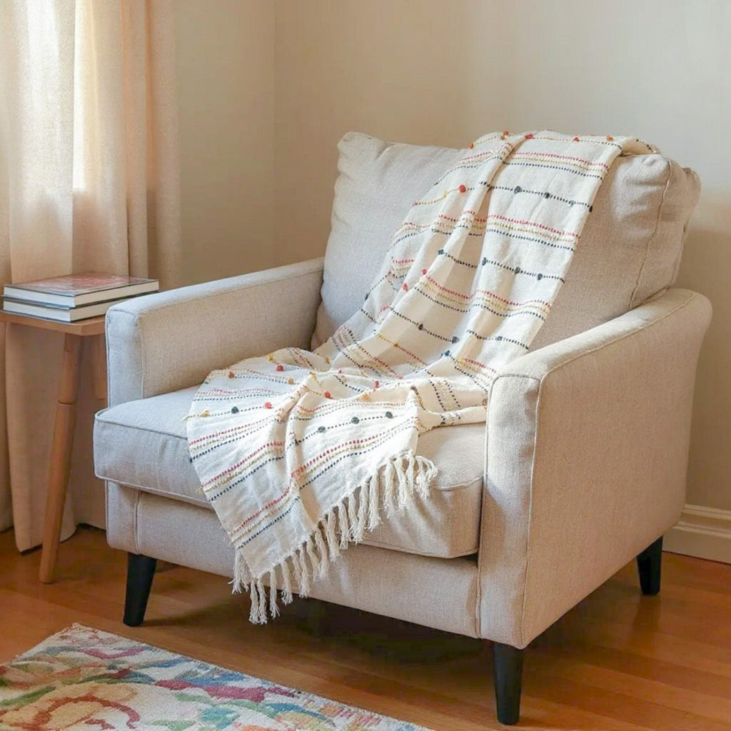 Hand Woven Cream Throw Blanket with Tassels – Boho Cotton Decor