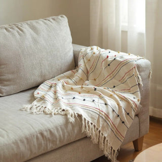 Hand Woven Cream Throw Blanket with Tassels – Boho Cotton Decor