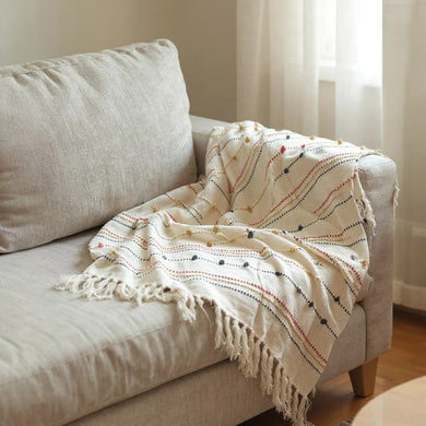 Hand Woven Cream Throw Blanket with Tassels – Boho Cotton Decor