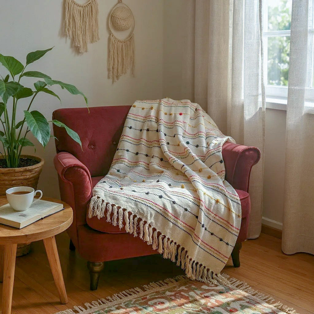 Hand Woven Cream Throw Blanket with Tassels – Boho Cotton Decor