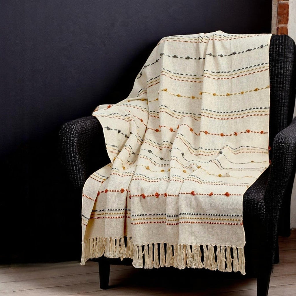 Hand Woven Cream Throw Blanket with Tassels – Boho Cotton Decor