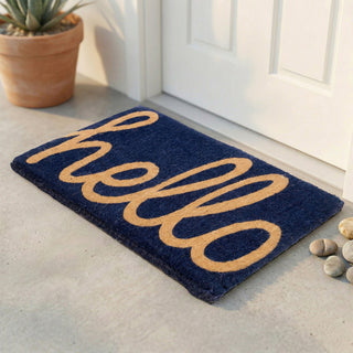 Cursive Hello Dark Blue Natural Coir Doormat