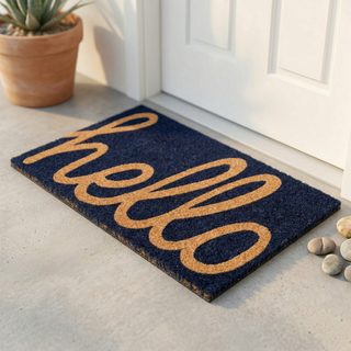 Cursive Hello Dark Blue Natural Coir Doormat