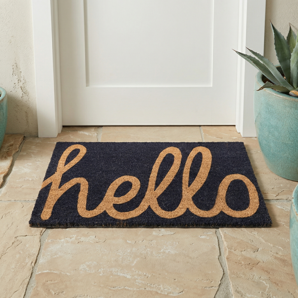 Cursive Hello Dark Blue Natural Coir Doormat