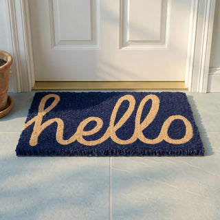 Cursive Hello Dark Blue Natural Coir Doormat